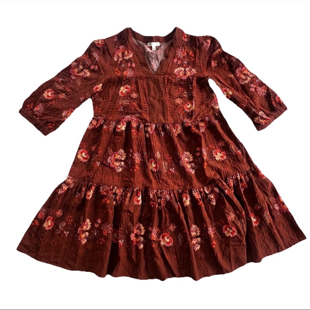 Fig + Flower Floral Tiered Dress Women’s L Boho Peasant Cottagecore Rust Brown